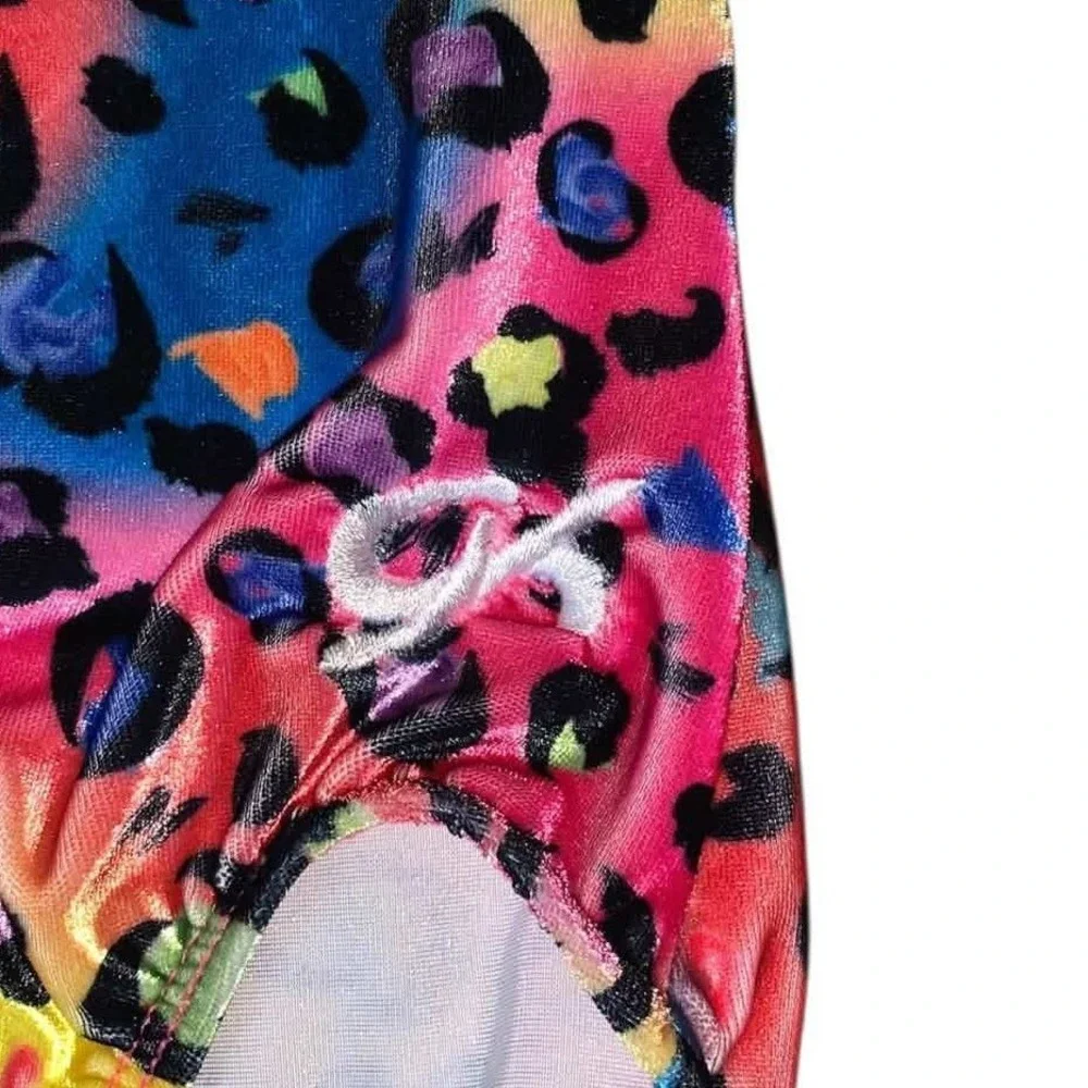 GK Elite Leotard Kids CL Multicolor Leopard Heart Foil Gym Lisa Frank  80s Funky